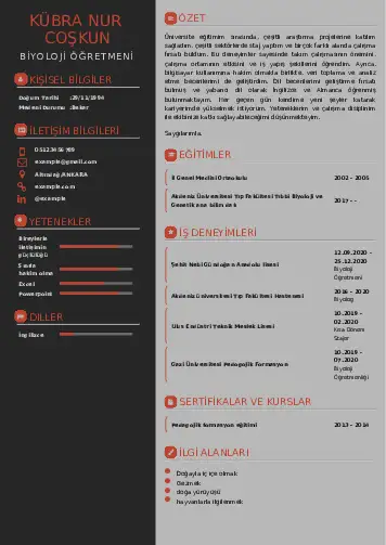 Biyoloji Öğretmeni CV Örnekleri cv indir